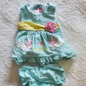3-6M Girl Blue and Yellow Bunny Dress
